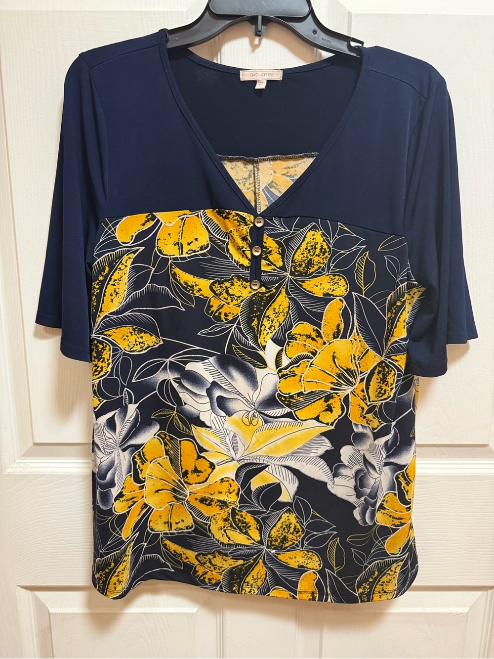Ava James Navy Floral V-Neck Top with Yellow Accents
